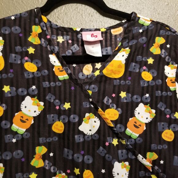Hello Kitty Medium Scrub Top 100% Cotton Black Fall Halloween Pumpkin Boo - Picture 5 of 10